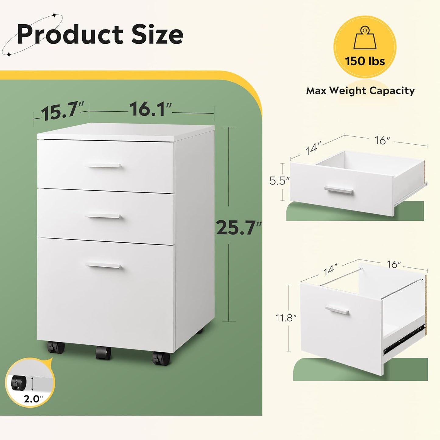 DEVAISE 3 Drawer Wood Mobile File Cabinet, Rolling Filing Cabinet for Letter/A4 Size, White