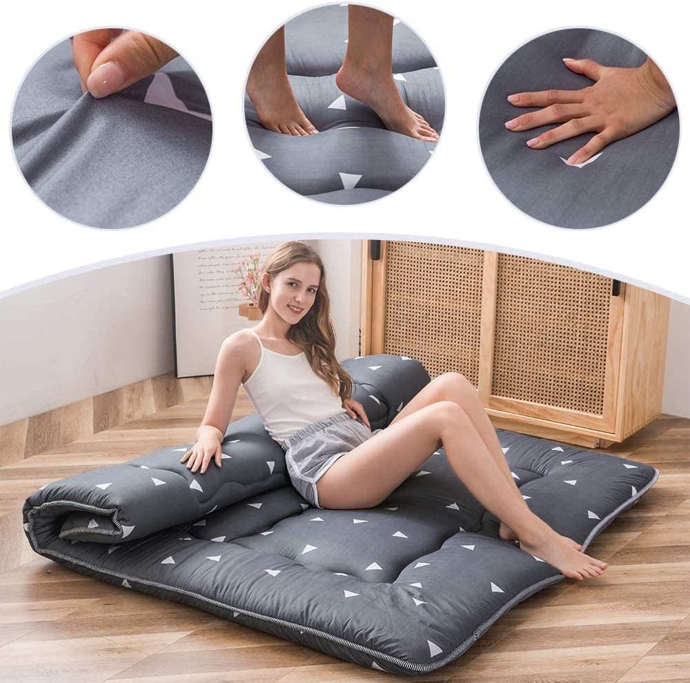 MAXYOYO Grey Triangle Printed Japanese Futon Floor Mattress, Thicken Sleeping Pad Floor Bed Roll Up Camping Guest Mattress Folding Couch Bed, Full Size