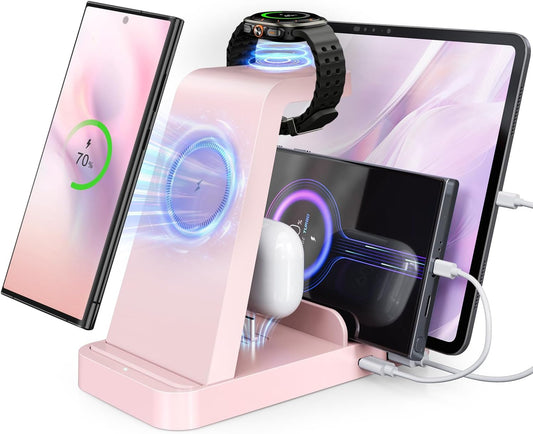 5 in 1 Wireless Charger for Samsung, Wireless Charging Station for Multiple Devices, Fast Charger Stand for Samsung Galaxy S25 Ultra S24 S23 S22 S20 Note 20 10 Z Fold 7 6 Galaxy Watch 7 6 5 Buds, Pink