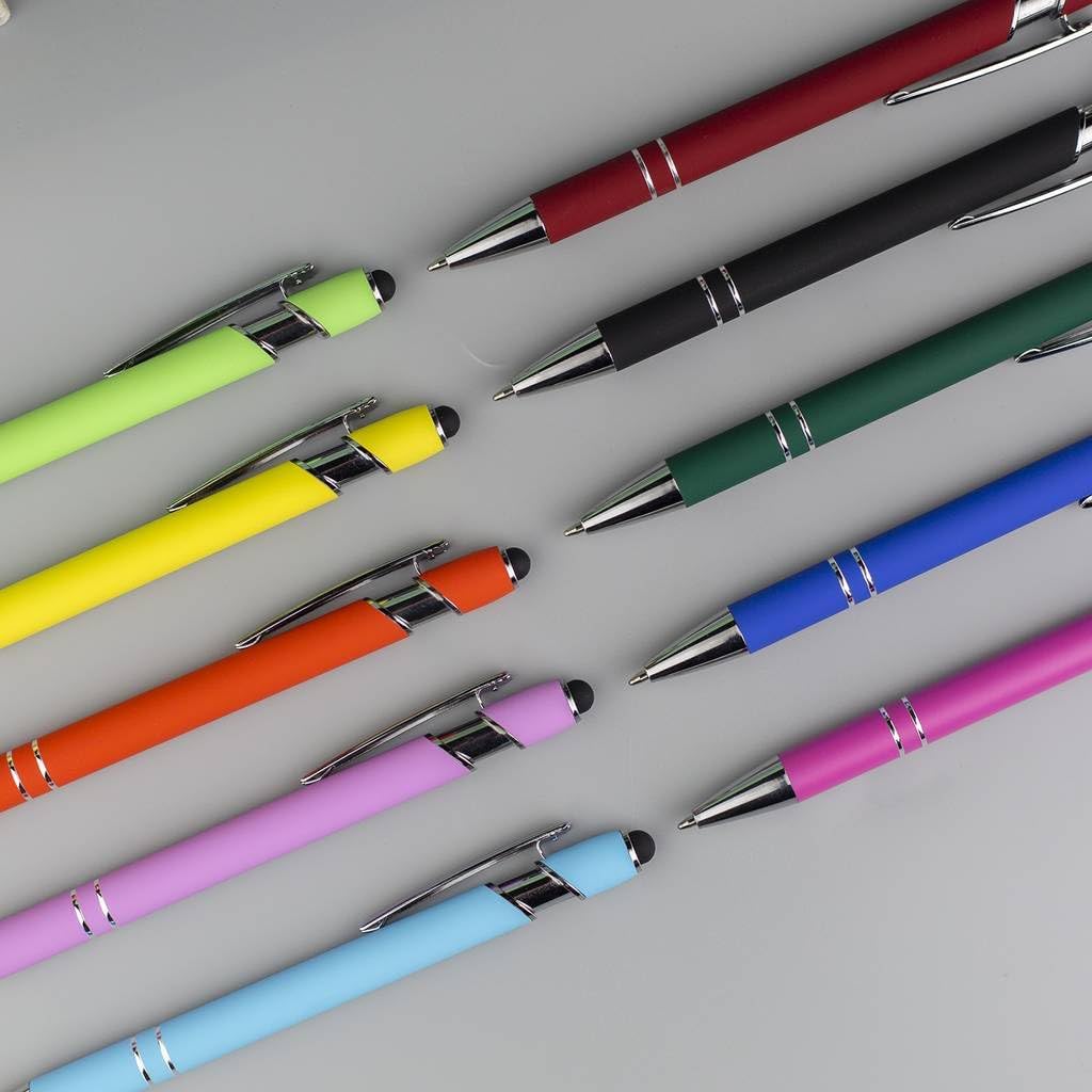 Green Ballpoint Pens with Black Ink, 2-in-1 Stylus Tip, 1.0mm Medium Point, Matte Metal Barrel – 10-Pack for Office or School