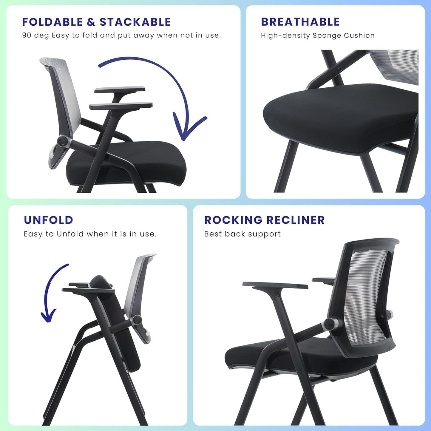 Conference Room Chairs, Folding Office Desk Chair with Lumbar Support and Sliding Armrest with Casters, Stackable Office Guest Chairs & Reception Chairs (2 Pack)
