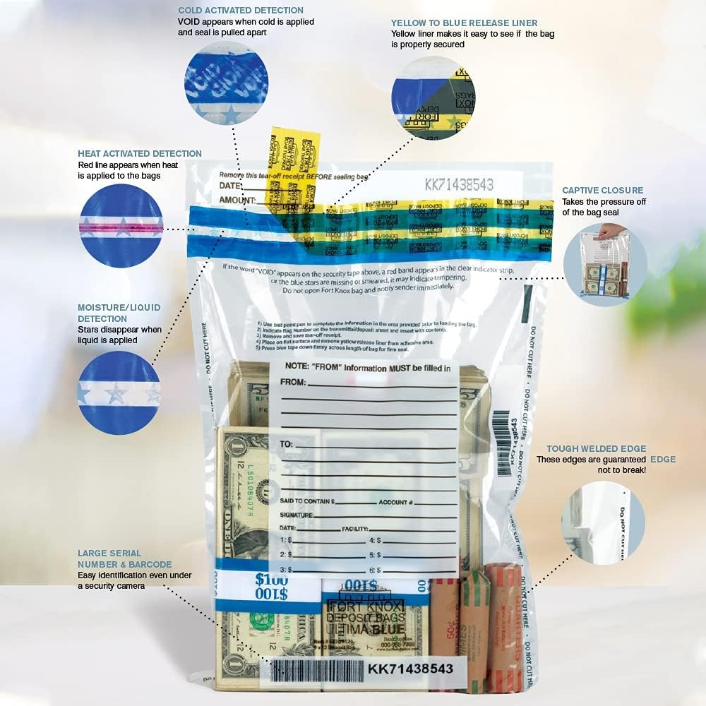 BankSupplies Ultima Blue White Discreet Bank Deposit Bags | 10W x 14H | Pack of 500 | Captive Flap Closure | Tamper Evident Tape | Opaque & Secure | Write-On Panel | Security Bags for Cash