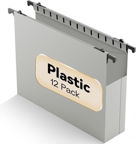 Plastic Extra Capacity Hanging File Folder Letter Size,12 Pack Reinforced Expandable Hanging Folders,Heavy Duty 2 Inch Expansion,Adjustable Tabs,Hanging Organizer Designed for Bulky Files(Gray)
