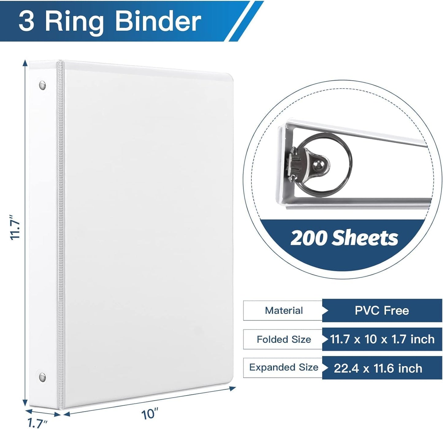 Basic 3 Ring Binder -1 or 1/2'' Binders with Roung Ring Binder, Large 100/200 Sheet Capacity, Fit 8.5" x 11" US Letter Size Paper, 12 Pack White (1'' White - 12 Packs)