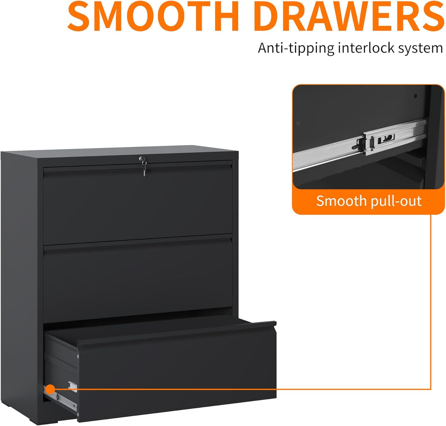 Locking Filing Cabinet with 3 Drawer Heavy Duty Large Metal Cabinet Home Office Black Lateral File Cabinets Wide Steel Cabinets for Legal/Letter Size File,Assembly Required