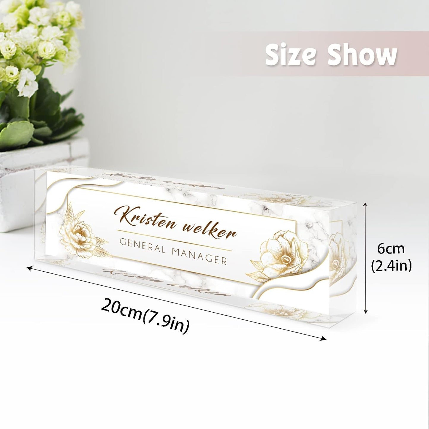 Desk Name Plate Personalized, Premium White Marble Flowers Acrylic Desk Name Plate, Personalized Name Plate for Desk, Office Decor for Women or Men Coworkers, Boss, Employee, Teacher
