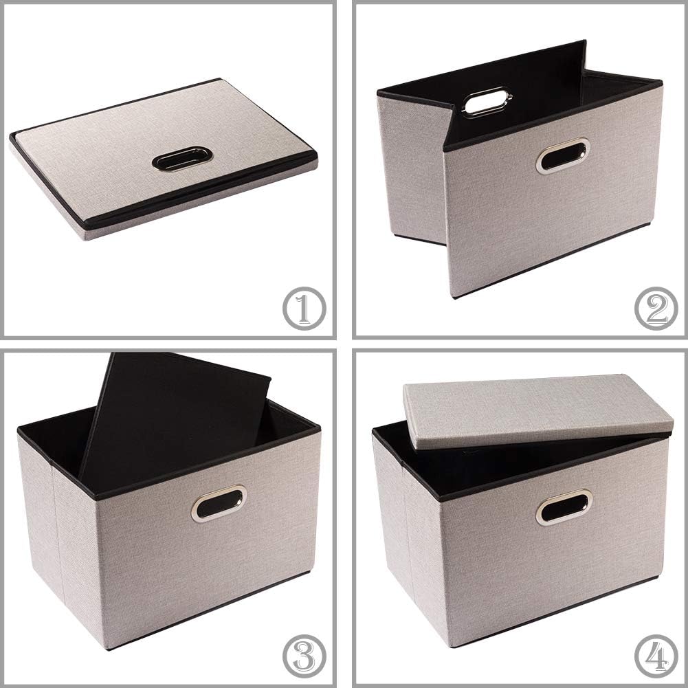 PRANDOM Extra Large Collapsible Storage Bins with Lids [3-Pack] Linen Fabric Foldable Storage Baskets Boxes Organizer Containers Cube with Cover for Bedroom Closet Office Nursery (22.8x15.7x13.8)