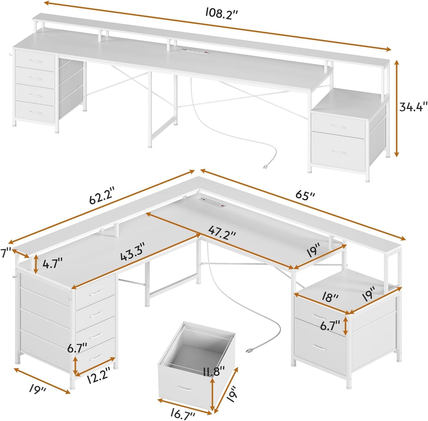 SEDETA L Shaped Desk with 6 Drawer, 108" Home Office Desk with File Drawer & Power Outlet, Corner Computer Desk with Monitor Shelf, File Cabinet, Two Person Desk, Gaming Desk with Led Lights, White
