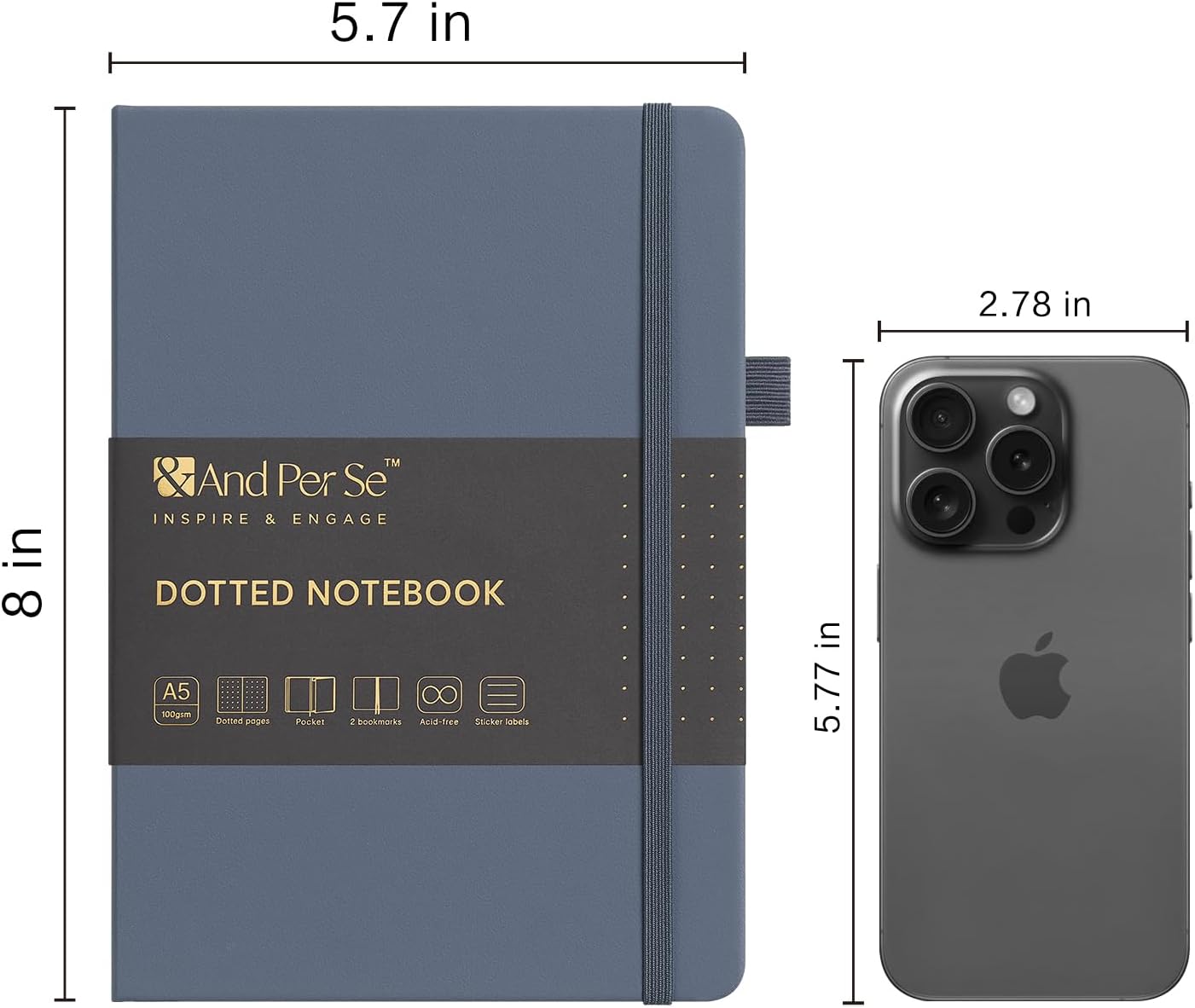 &And Per Se Dotted Journal Notebook, A5 Hardcover Bullet Dotted Journal, 160 Pages 100 gsm Thick Paper, 3 Sheets of Stickers Included - 5.7'' x 8''（Dark Blue）