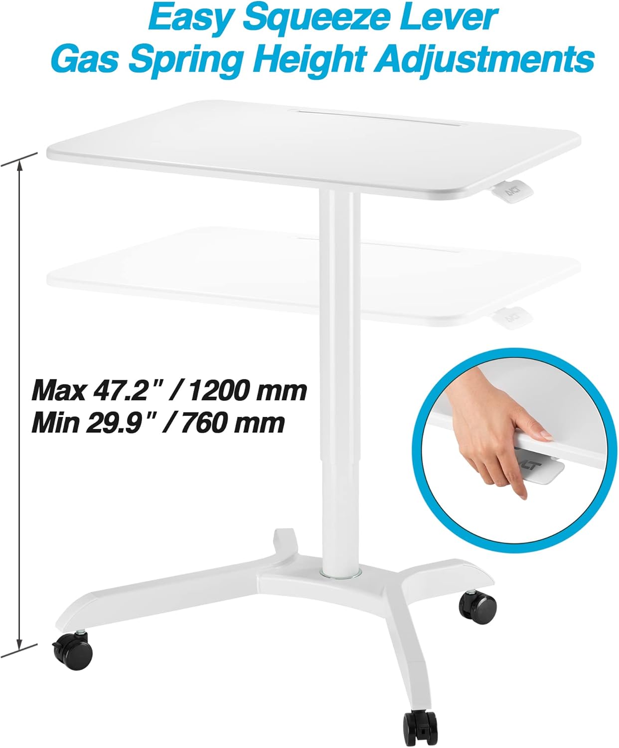 AVLT 48" Ambidextrous Standing Desk, Mobile Adjustable Height Rolling Laptop Desk, Folding Computer Projector Cart with Brake Casters, Portable White Desk for Home Office