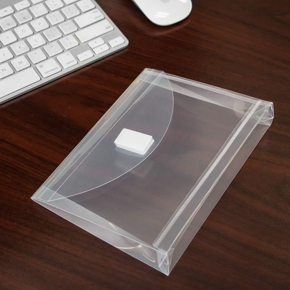 JAM PAPER Plastic Expansion Envelopes with Hook & Loop Closure - Index Size - 5 1/2 x 7 1/2 with 1 Inch Expansion - Clear - 12/Pack