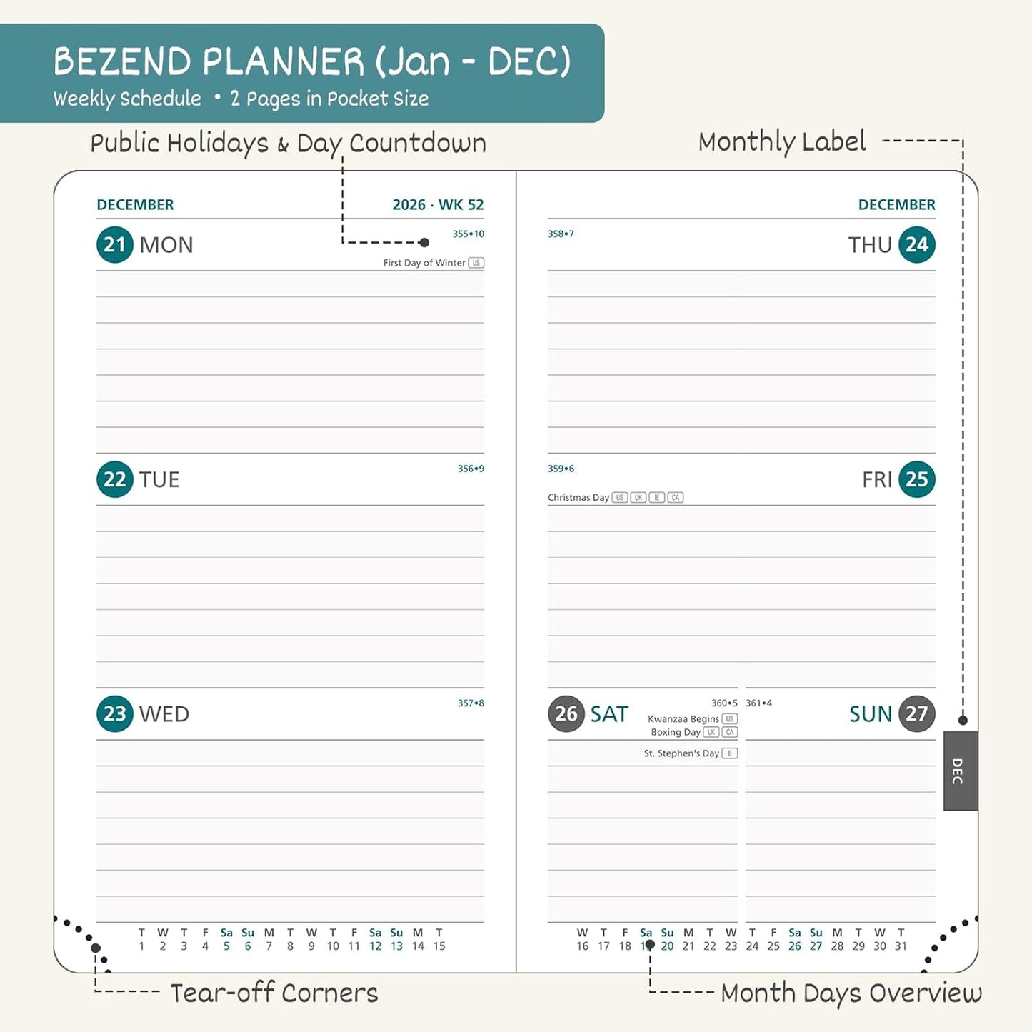 BEZEND Pocket Calendar 2026 Weekly and Monthly (3.5" x 6") Small Daily Planner for Purse (Jan-Dec) with Notes & Expenses, Inner Pocket, Pen Holder, Vegan Leather Hardcover - Turquoise