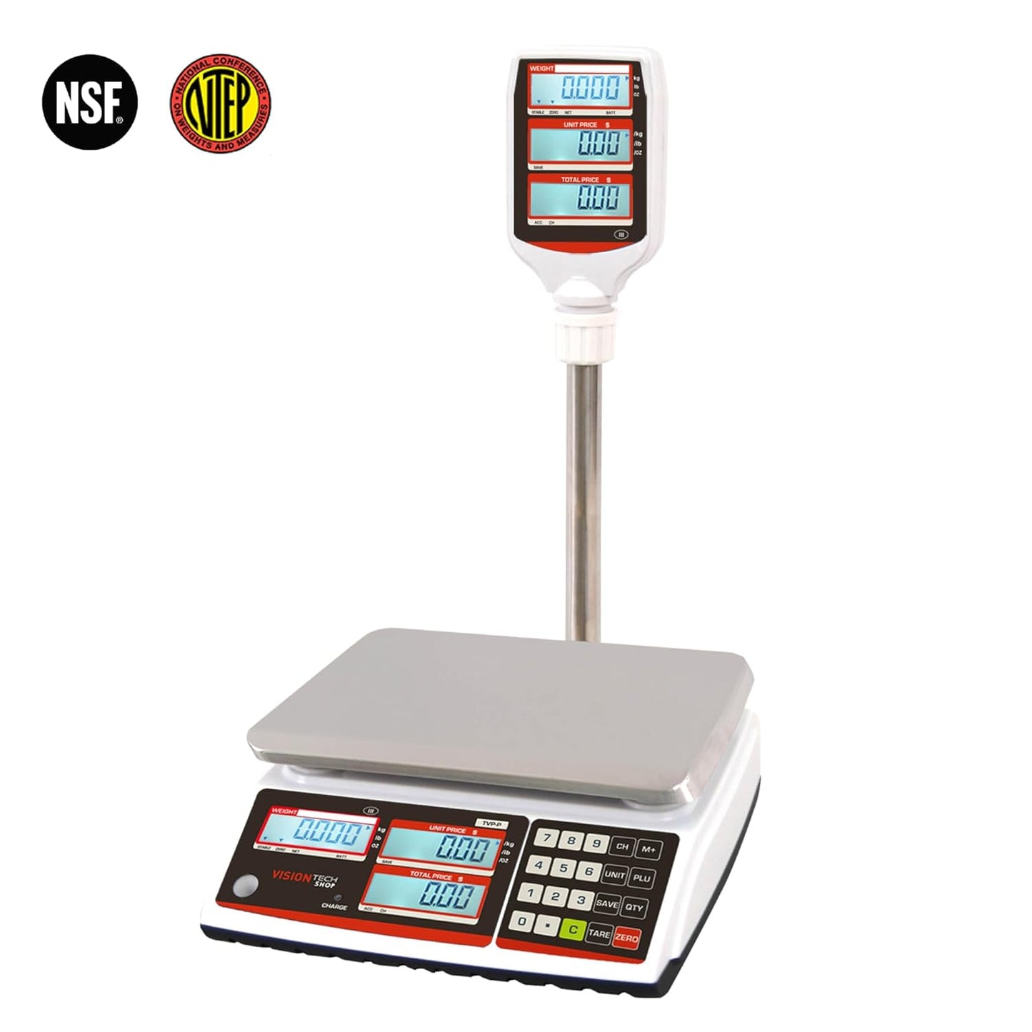 VisionTechShop TVP-12P Price Computing Scale with Pole Display, Lb/Oz/Kg, 12lb Capacity, 0.002lb Readability, NTEP Legal for Trade COC #19-038, NSF Certified