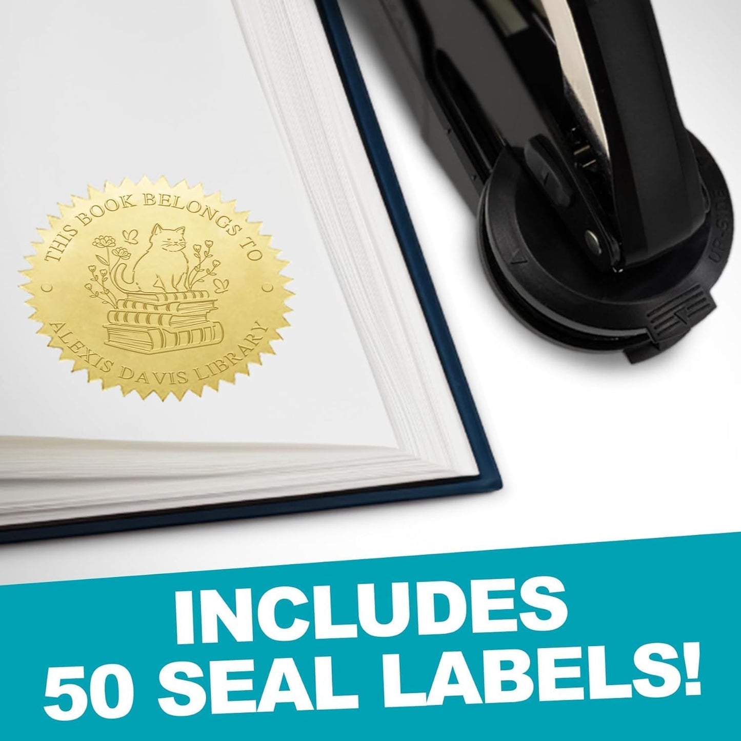 Custom Library Embosser - Style 111 - Embosser, Wood Stamp or Self Inking Stamp - Book Embosser Includes 50 Gold Seals - Custom Stamp Seal from The Library of