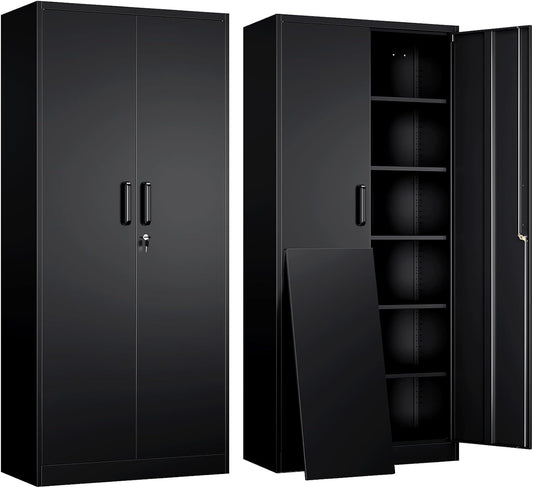 Yizosh Metal Garage Storage Cabinet with 2 Doors and 5 Adjustable Shelves - 71" Steel Lockable File Cabinet,Locking Tool Cabinets for Office,Home,Garage,Gym,School (Black)