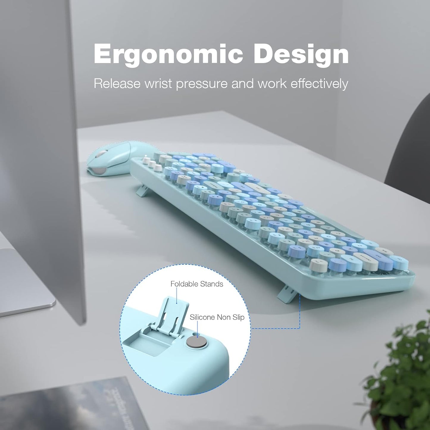 MOFII Wireless Keyboard and Mouse Combo, Blue Colorful Round Key Typewriter Keyboards, 2.4GHz Full Size Keyboard Computer Mice, USB Receiver Plug and Play, for Laptop, PC, Chromebook, Smart TV