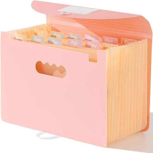 Accordion File Organizer 12 Pockets, Monthly Bill Receipt Tax Organizer, Expanding File Folders with Larger Bright Tabs, Fits Letter/A4 Size - Pink