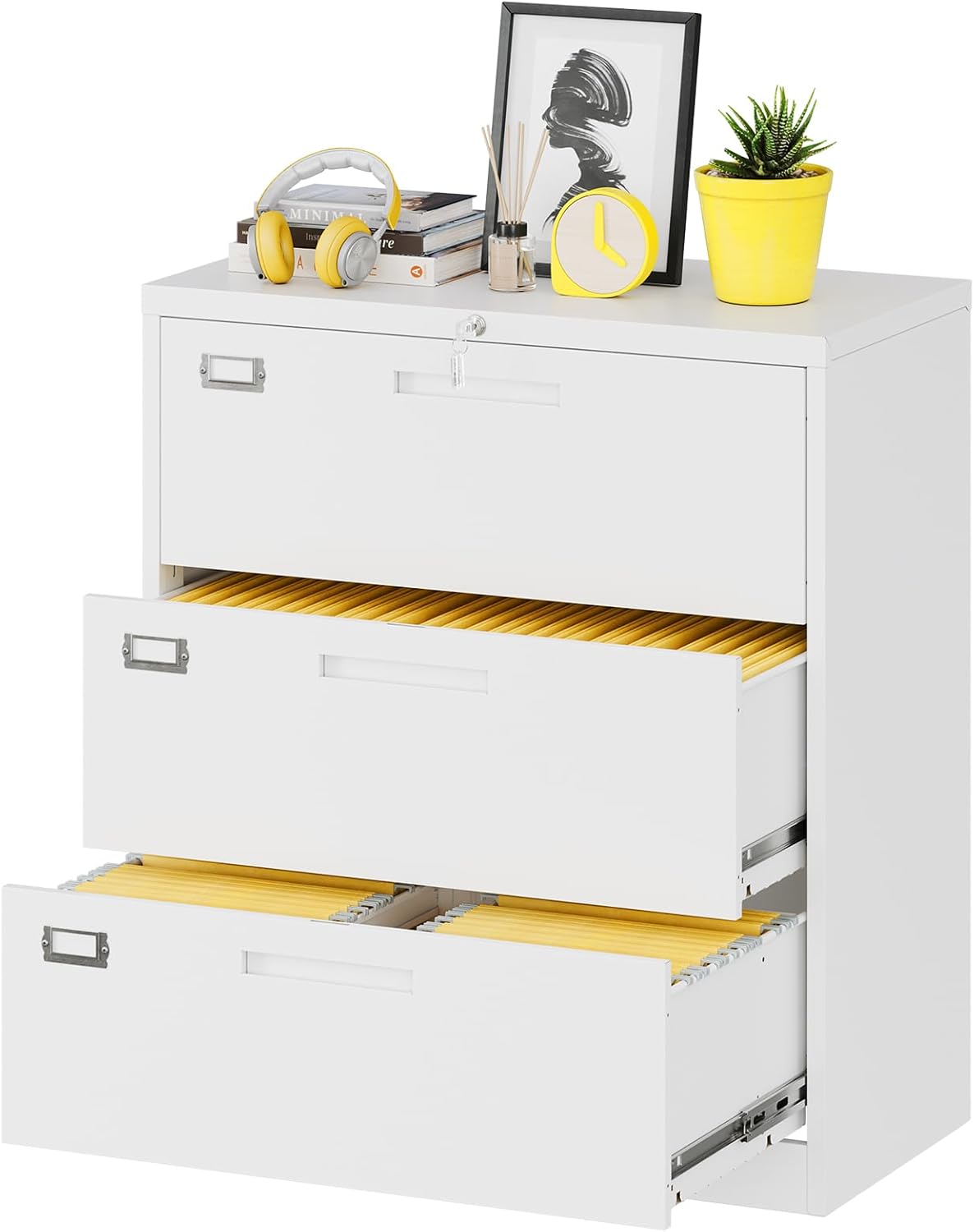 Lateral File Cabinet with Lock, 3 Drawer Large Metal Filing Cabinet,Home Office Lockable Storage Cabinet for Hanging Files Letter/Legal/F4/A4 Size-Assembly Required
