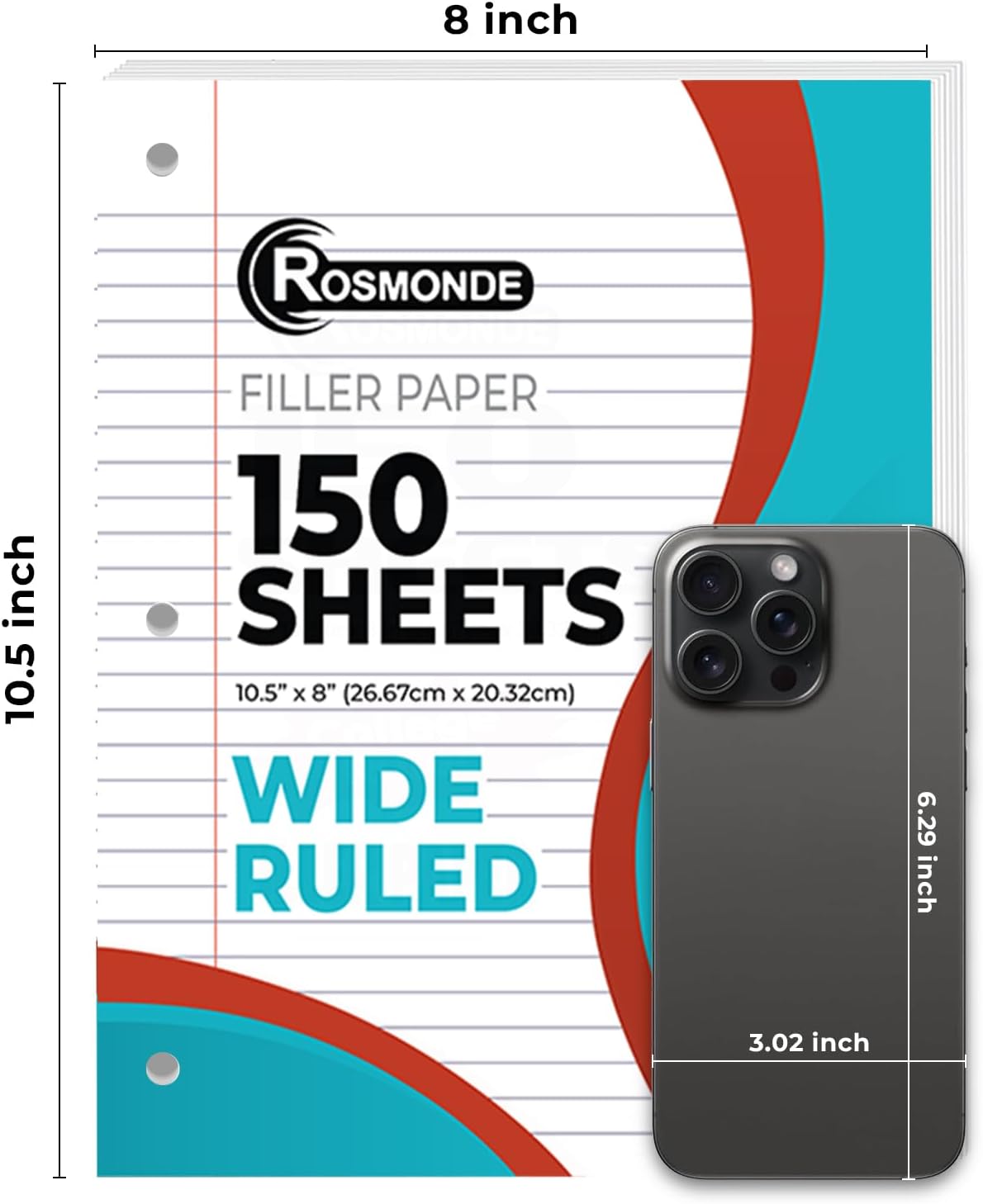 Loose Leaf Paper, 900 Sheets, 6 Pack, Wide Ruled, 8" x 10.5", 56 gsm Bulk Office Filler Sheets, 3 Hole Punched, 150 Sheets/Pack, Wide Ruled for 3 Ring Binder, Notebook Paper, White