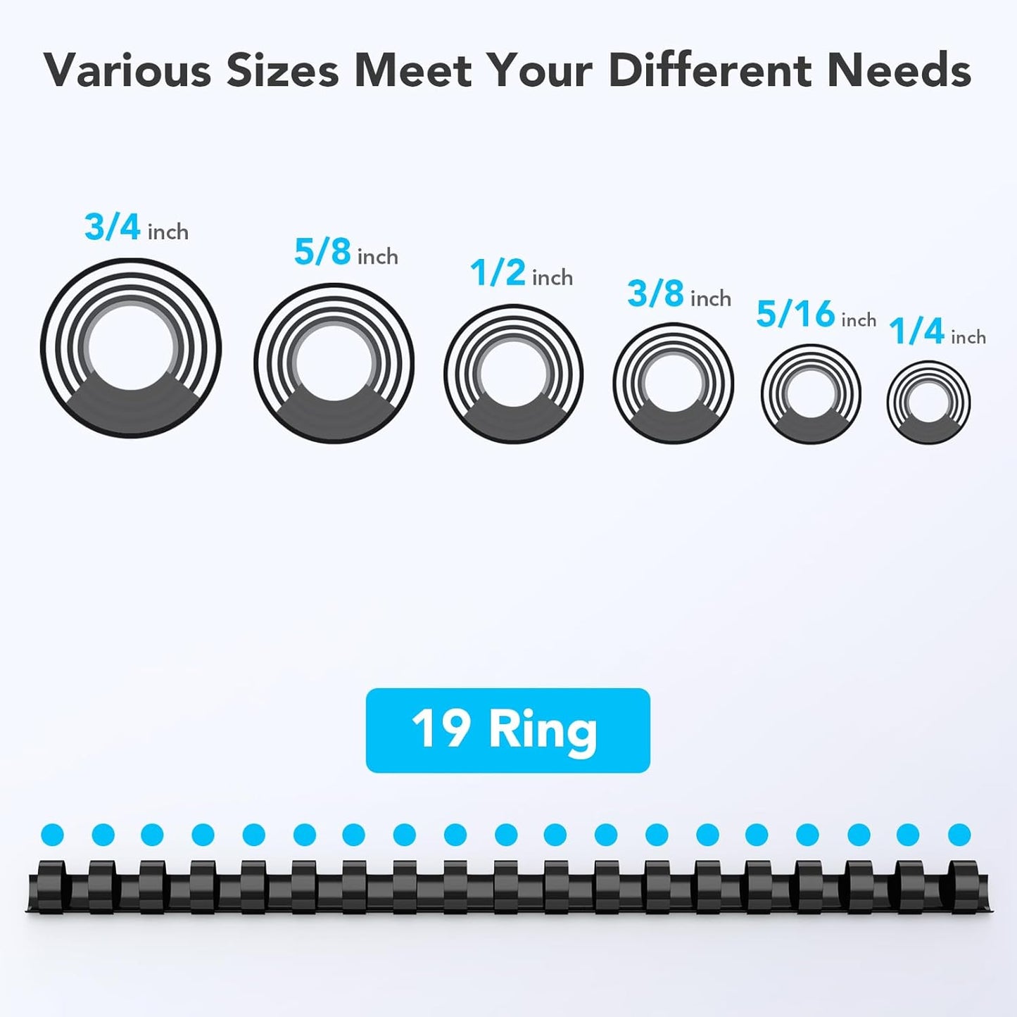 MAKEASY 150 Pack Multi-Size 19-Ring Comb Binding Spines for LTR, 1/4", 5/16", 3/8", 1/2", 5/8", 3/4", Pack of 150 Black