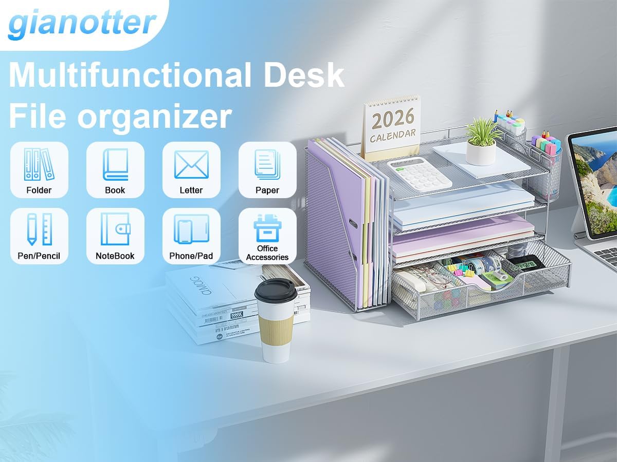 gianotter Desk Organizers and Accessories with File Holder, 4-Tier Desk Accessories & Workspace Organizers with Drawer and 2 Pen Holder, Paper Organizer for Office Supplies (Grey)
