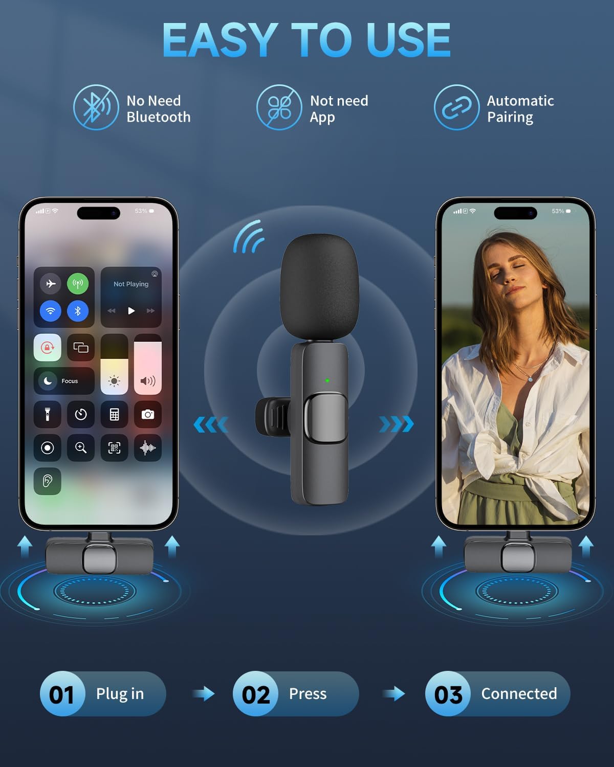 Professional Wireless Lavalier Microphone for iPhone 15(Above) and Android USB-C Device, Cordless Omnidirectional Clip Mic, Plug-Play Microphone for Interview Video Podcast Vlog YouTube