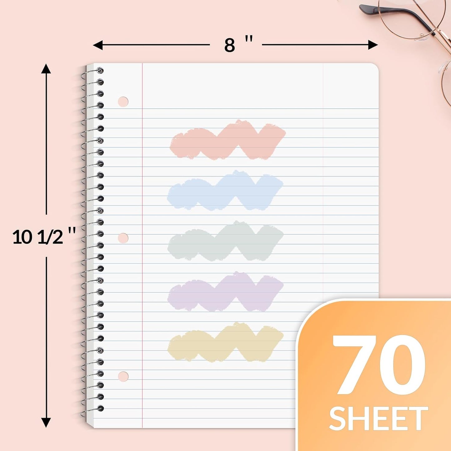 SUNEE Spiral Notebooks, 12 Pack, 1-Subject, College Ruled Paper, 8" x 10-1/2", 70 Sheets per Notebook, Assorted Pastel Colors Spiral Notebooks for School