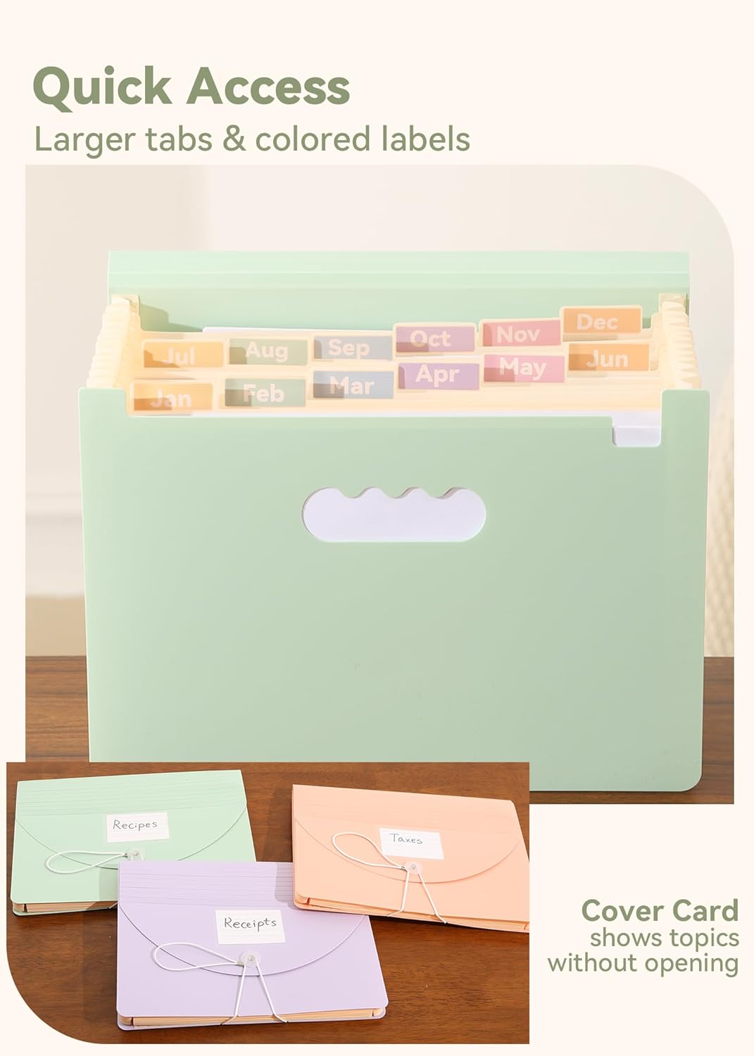 Accordion File Organizer 12 Pockets, Monthly Bill Receipt Tax Organizer, Expanding File Folders with Larger Bright Tabs, Fits Letter/A4 Size - Green