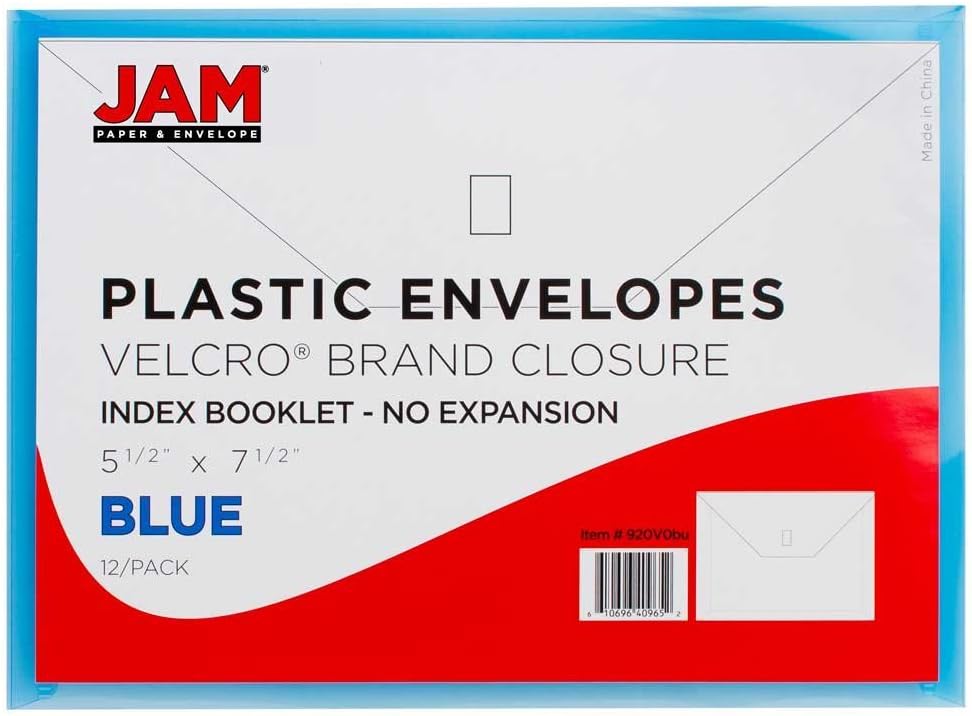 JAM PAPER Plastic Envelopes with Hook & Loop Closure - Index - 5 1/2 x 7 1/2 - Blue - 12/Pack