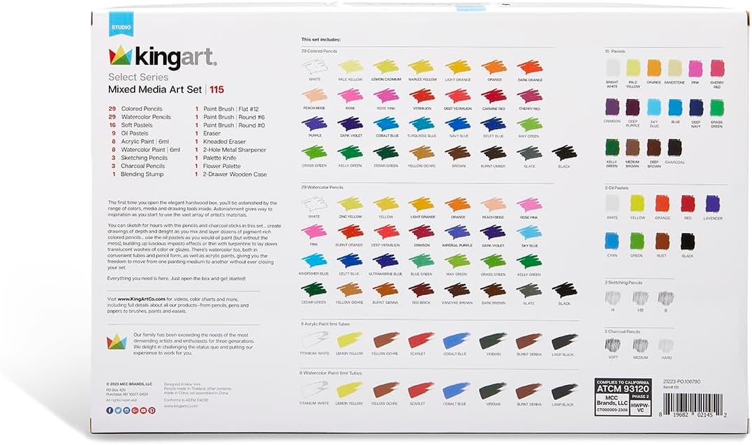 KINGART 131 MIXED MEDIA ART SET - 115 Pc., 2-Drawer Wooden Case, Pencils, Pastels, Paints, Brushes, Erasers, Sharpener, Palette Knife, Palette, Painting, Drawing, All Skill Levels, 115 Pc.