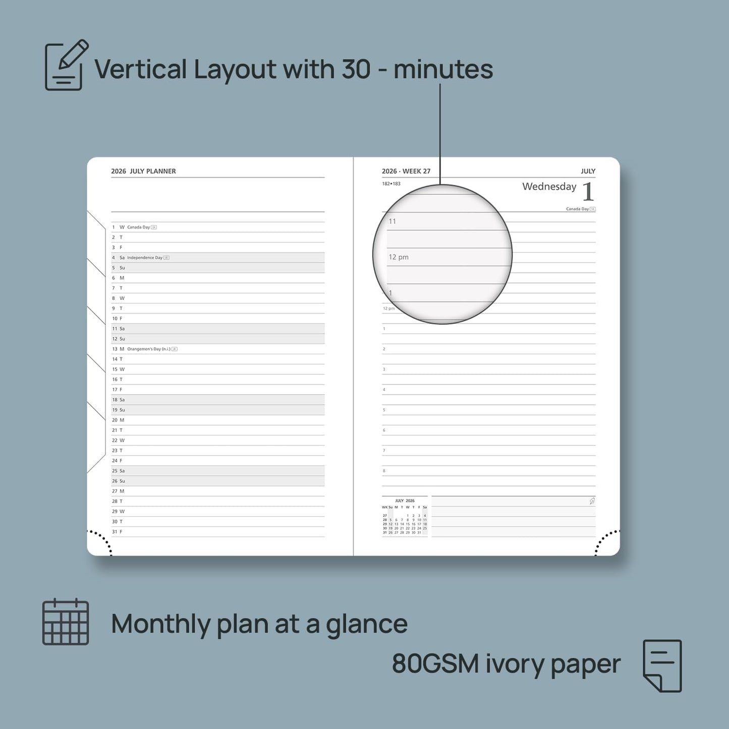 POPRUN 2026 Daily Planner One Page Per Day A5 Size Calendar (5.75" x 8.5") - 12 Months Hourly Appointment Book with Hardcover, Pocket, Pen Holder - Light Yellow