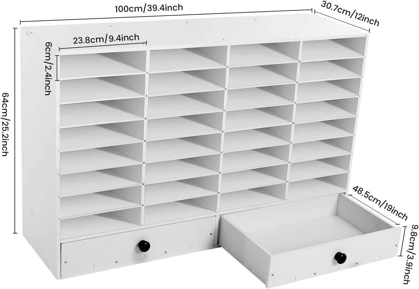 Adjustable Literature Organizer, 32 Slots File Folder Organizer Storage Rack Desktop Letter Office Cabinet 32 Compartment with 2 Drawers Paper Storage Cabinet for Classroom (32+2-Slot-White)