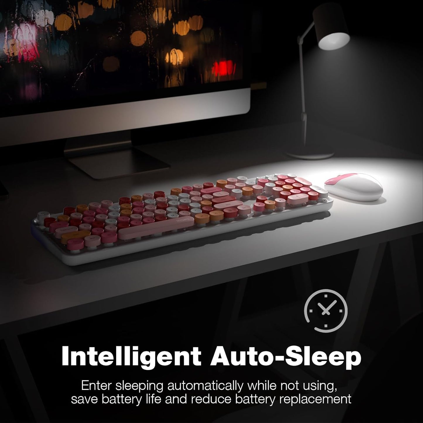 Wireless Keyboard and Mouse Combo, MOWUX Full Size Typewriter Retro Round Computer Keyboard, Mouse Wireless, Plug and Play, for Laptop, PC, Computer- White Colorful