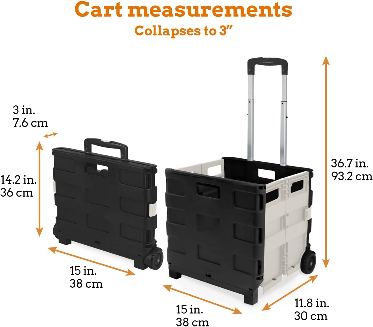 Inspired Living Ultra-Slim Rolling Collapsible Storage Pack-N-Roll Utility-carts, with Telescopic Handle, for Home, Garden, Shopping, Office, School use, Medium, White & Black