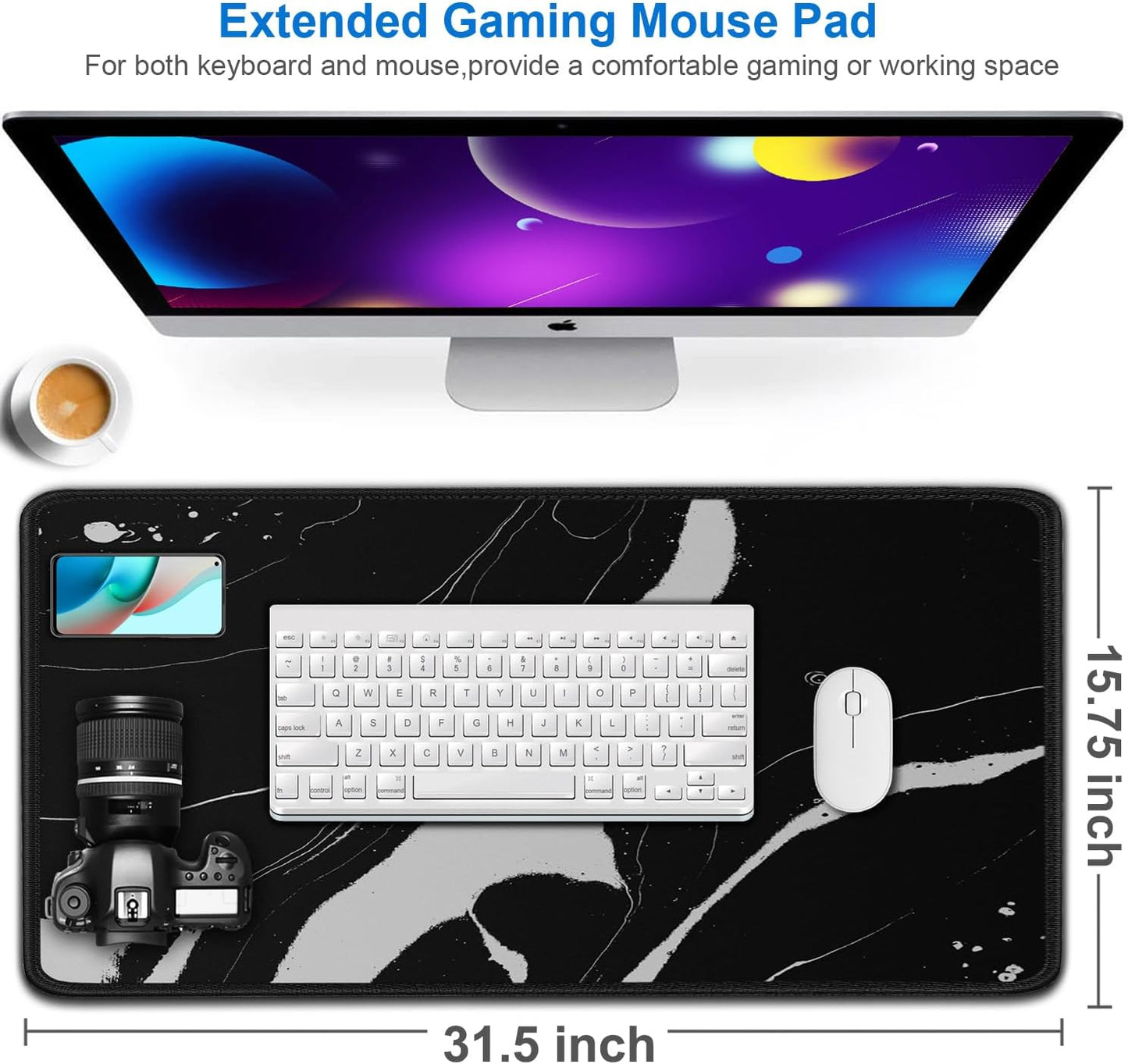 Large Mouse Pad, 31.5x15.7 inch Large Extended Computer Keyboard Mouse Mat, Water Resist Non-Slip Mousepad Rubber Base Long XXL Desk Mouse Pad for Work & Gaming, Office & Home, Black White