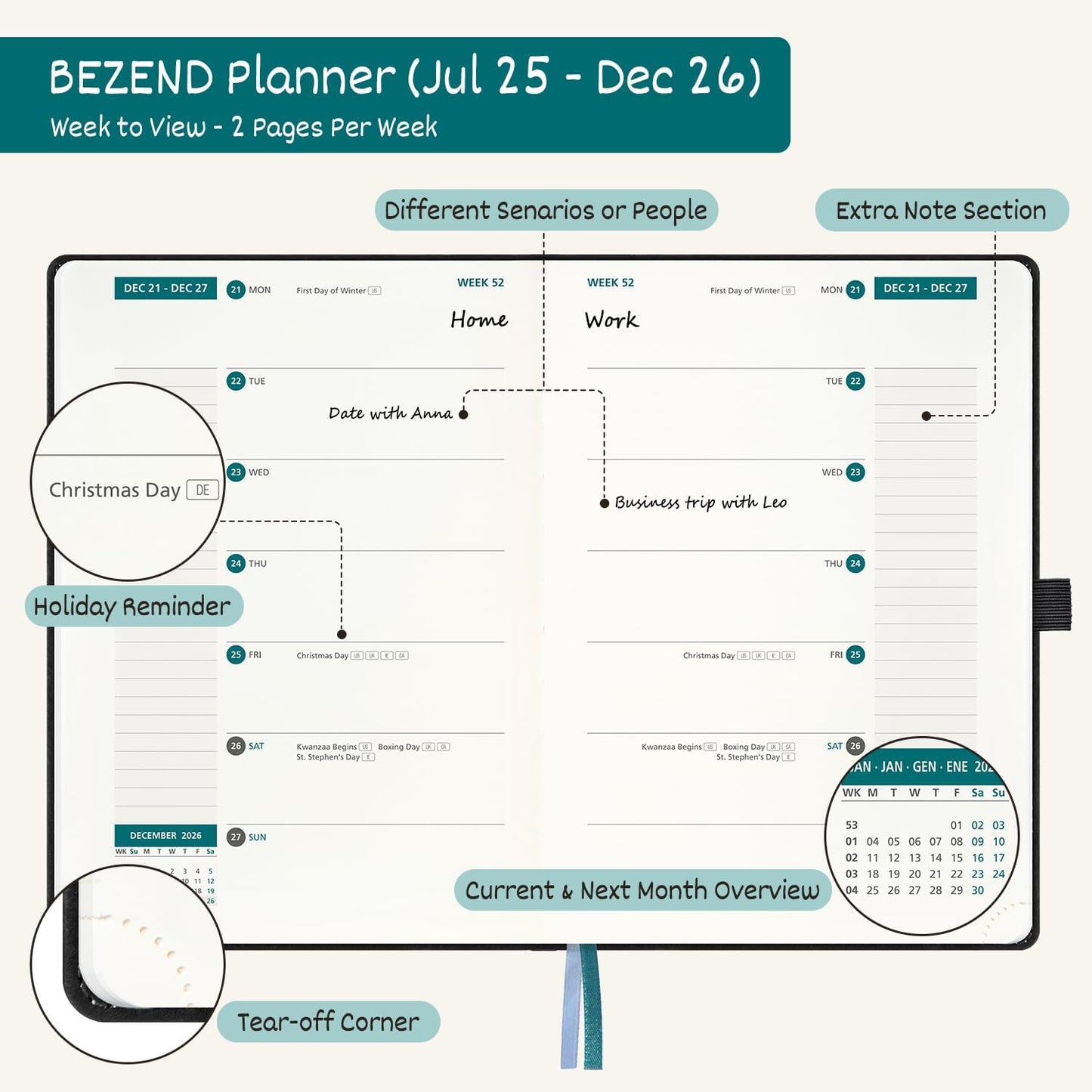 BEZEND Weekly Planner 2025-2026 with 2 Columns, 8.5" x 11" Academic Calendar 18 Months (Jul 25-Dec 26) Life Work Appointment Book with Monthly Tab, PU Leather Hardcover - Prussian Blue