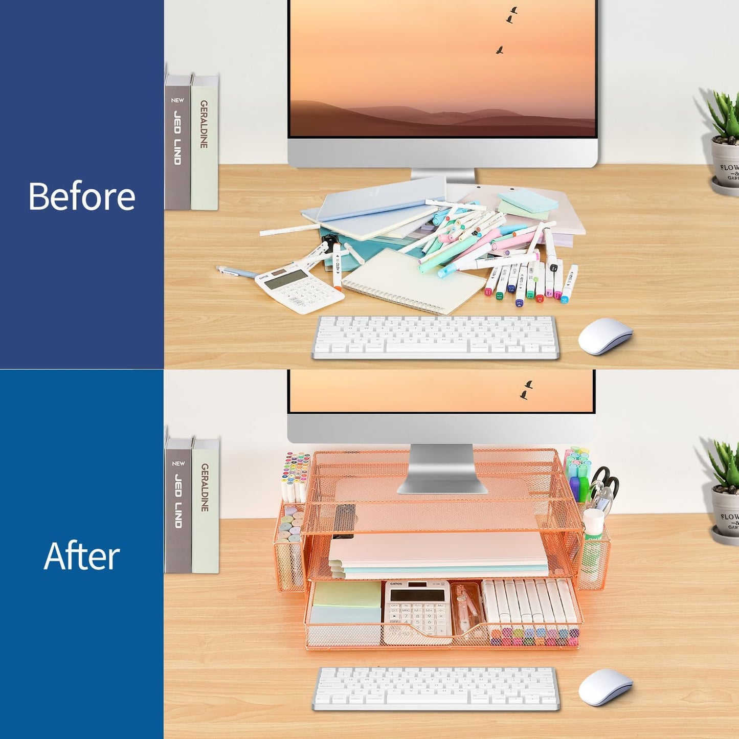 AUPSEN Computer Monitor Stands Riser，2-Tier Desk Organizers and Accessories, Office Desk Accessories Organizer with Drawers and 2 Pen Holder for Office Supplies (Rose Gold)