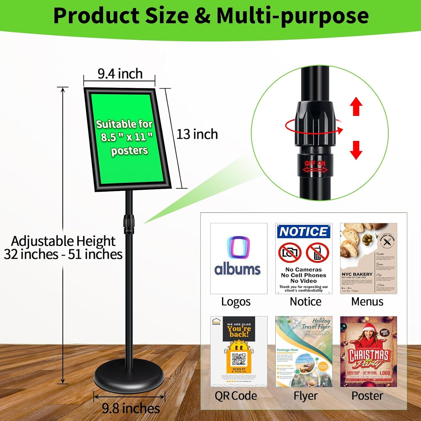 6Pack Adjustable Pedestal Sign Holder - 8.5''x11'', Floor Standing Poster Sign Stand, Aluminum Frame for Vertical/Horizontal View, Outdoor/Indoor Use, Black