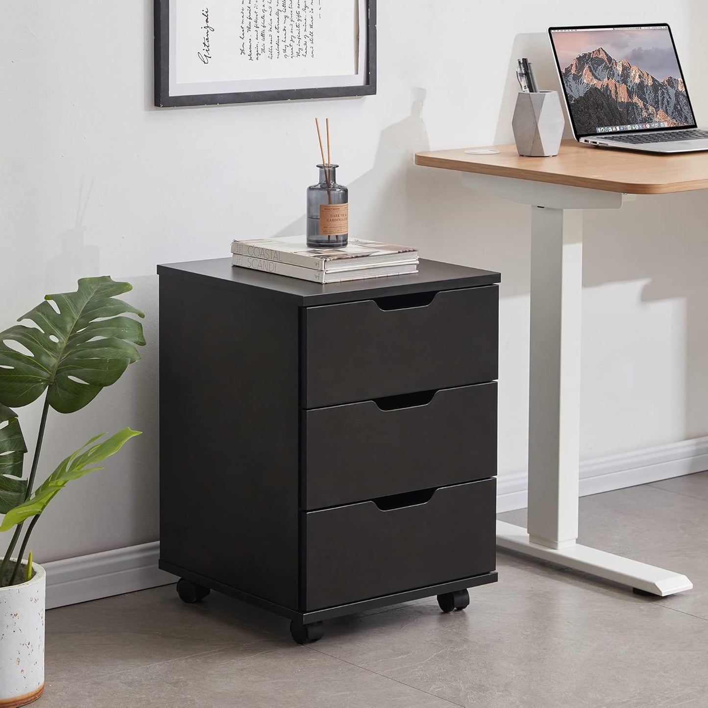 Farini 3-Drawer Vertical Filing Cabinet Rolling Wood Mobile File Cabinets Under Desk for Home Office with Casters (Black, Non-Assembled)
