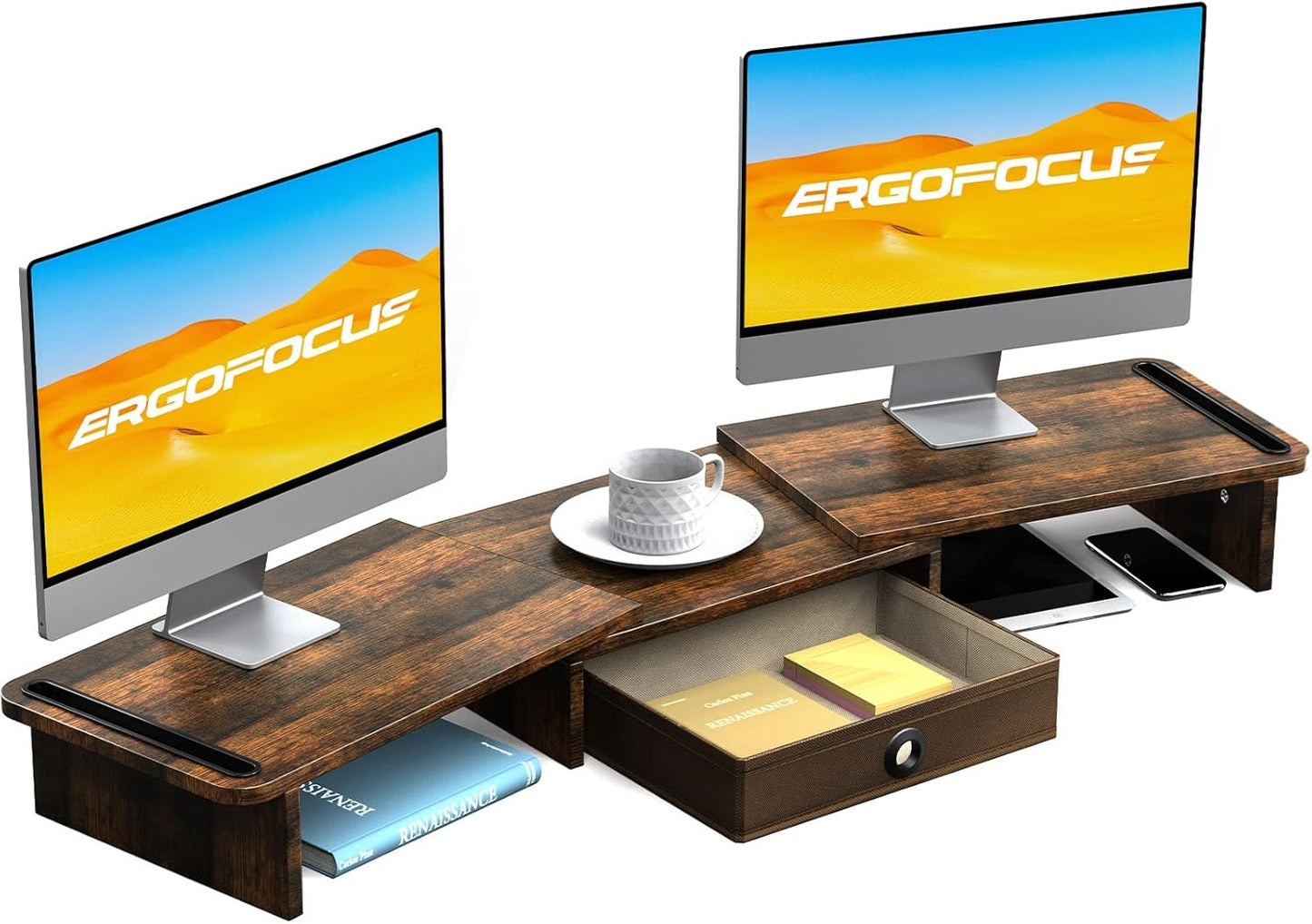 Dual Monitor Stand Riser with Drawer-Adjustable Length and Angle, Monitor Stand Riser for 2 Monitors, Desktop Organizer Stand for Computer/Laptop/PC/Printer (Rust Brown)