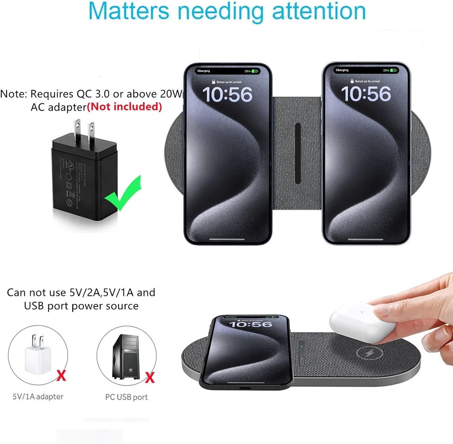 40W Wireless Charging Pad, Dual 20W Fast Wireless Charging Mat for iPhone 16 15 14 13 12 11/Pro/Pro Max/SE/X/XS,Apple Airpods 4/3/Pro,15W Wireless Charger Station for Samsung Galaxy/Note/Bud+