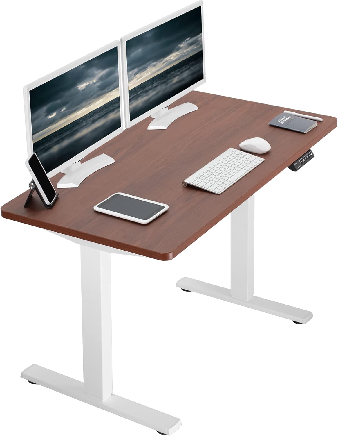 VIVO Electric 43 x 24 in Standing Desk, Memory Height Adjustment, 1B Series, One-Piece Dark Walnut Top, White Frame, DESK-KIT-1W4D
