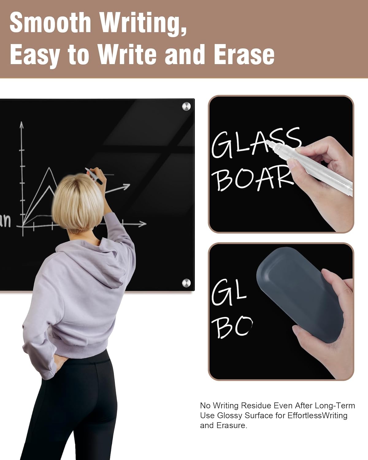 Magnetic Glass Whiteboard，36"x24" Wall Mounted Frameless Dry Erase Board for Office, Home & School Black