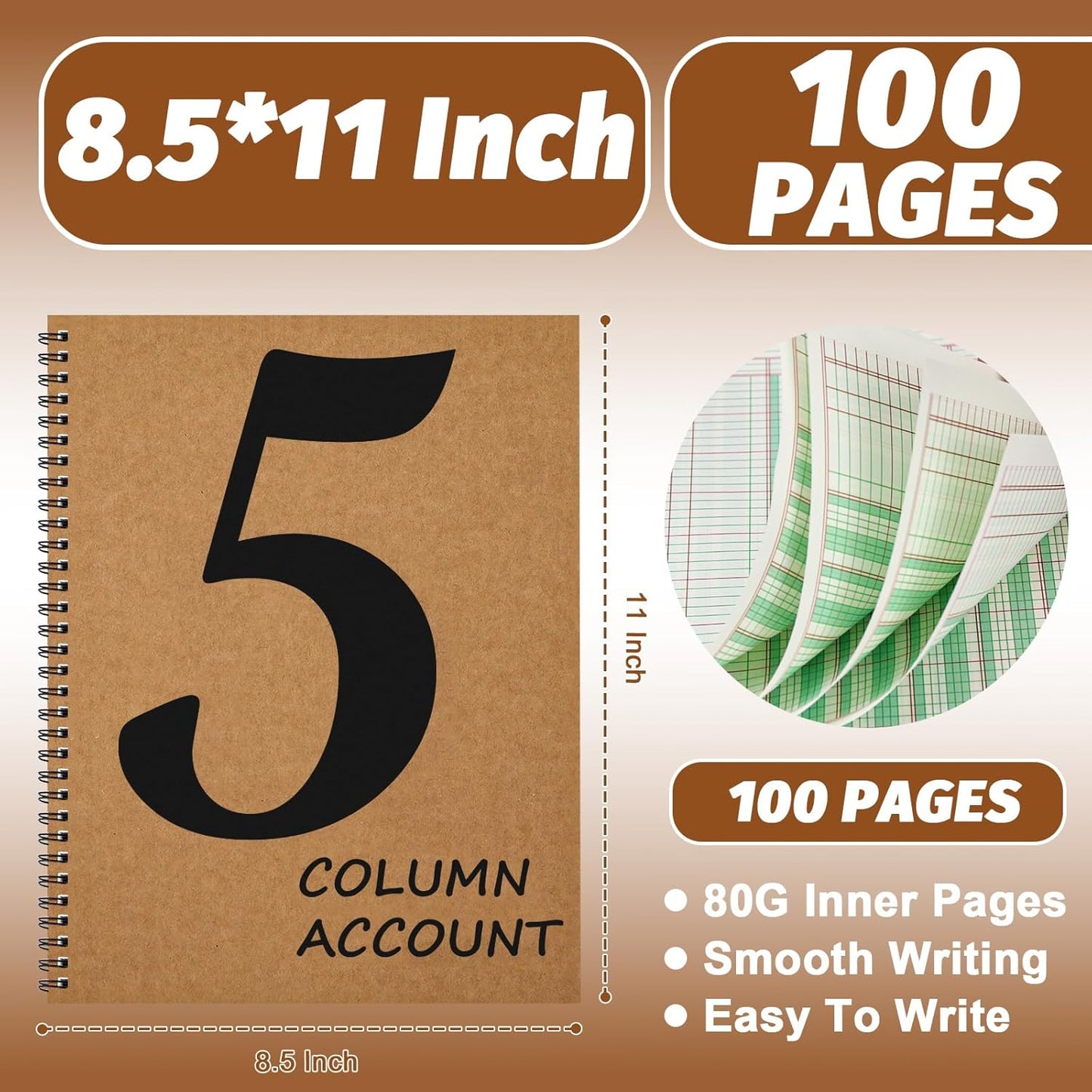 2 PCS 5 Column Ledger Book Accounting Ledger Paper Analysis Pad Financial Accounting Ledger 5 Column 8.5 * 11 Inches Log Book 5 Column 100 Pages for Bookkeeping Personal Use and Small Business