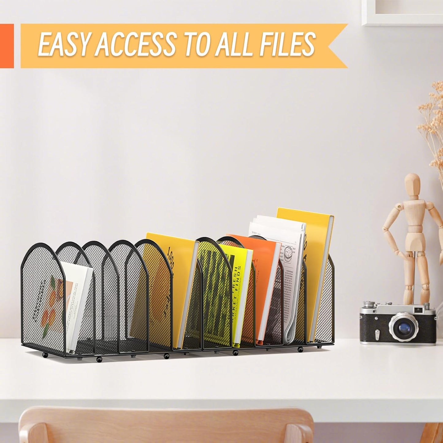 Desk File Organizer 5 Sections Desktop Organizer File Mail Sorter Office Organization File Folder Holder for Office School & Classroom (Black, 5 Section - 2Pack)