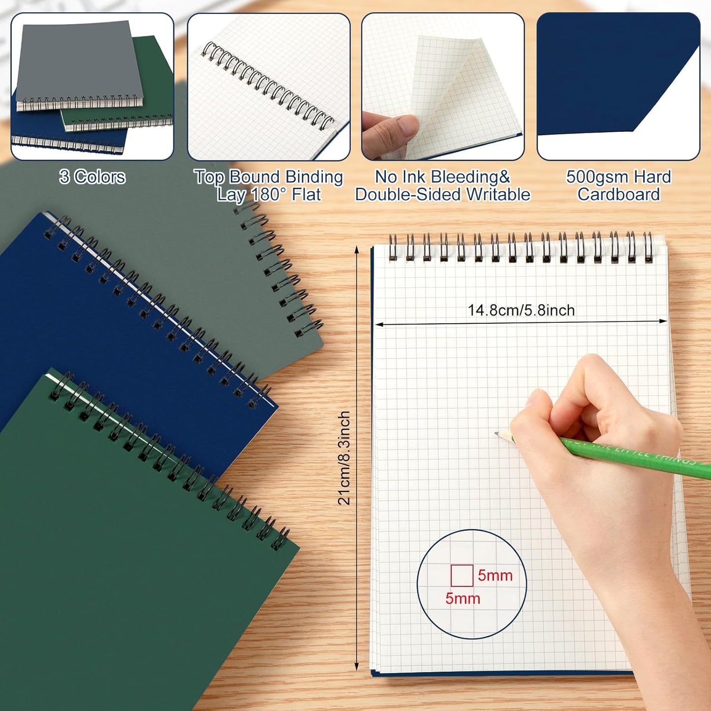 3 Pack Graph Paper Spiral Notepad A5 Top Wirebound Notepad Grid Notebook Steno Pads Memo Notebook Grid Paper 140 Pages for Writing Sketching Drawing Office Supplies (Dark Color)