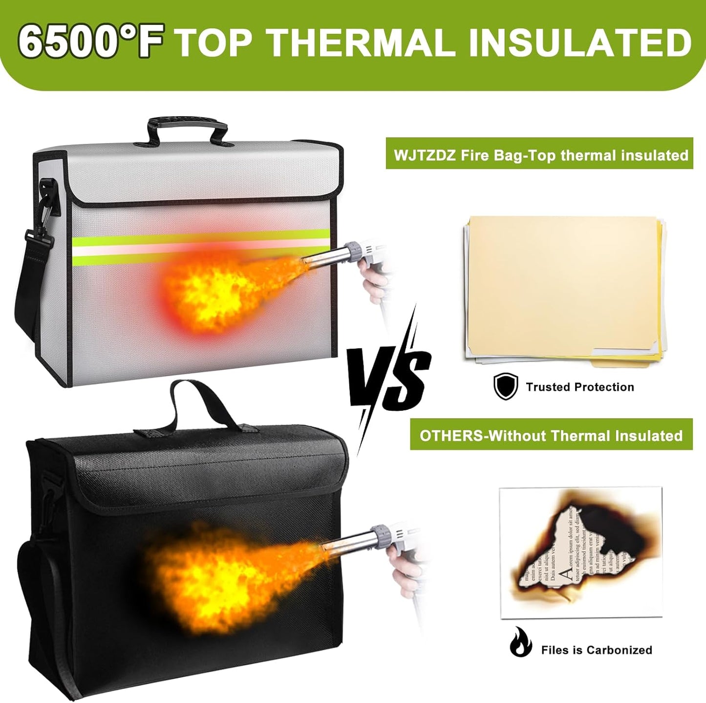 Large Fireproof Money Bags with Lock-6500°F Fireproof Document Box,10 Layers Insulation Materials&Waterproof Zipper,Removable Folder Layers/Wallet,Reflective Strip for Valuables(16.5”x 12.4”x 5.5”)