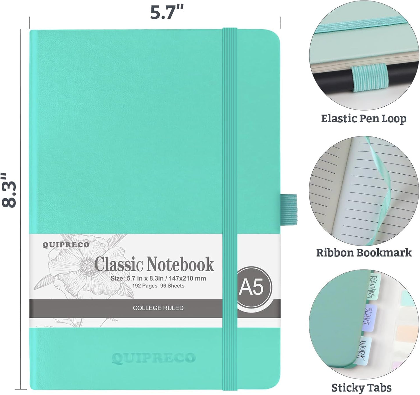 Hardcover Lined Bullet Dotted Journal Notebook, A5 140 192 Pages 100 120Gsm Paper College ruled for School,Work,Travel,and Daily Planning，5.7''*8.3'' (1, Light Green, A5 Lined)