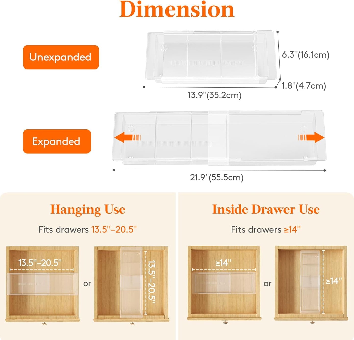 Lifewit Sliding Makeup Drawer Organizer Trays with Inserts, Extendable Hanging Desk Drawer Divider, Fits 13-20" Deep Drawers, 1.8" High Plastic Organizer Tray for Vanity, Office, Kitchen, White