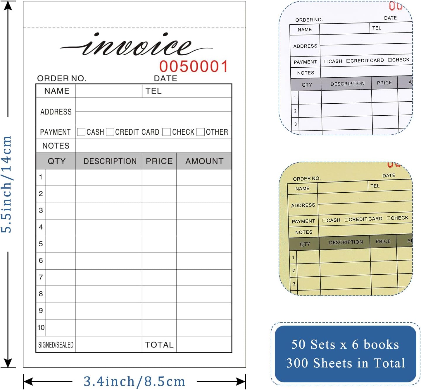 6 Pack Invoice Receipt Book, 3.4x5.5" Handheld 2-Part Carbonless Sales Invoice Book, Invoice Pad with Cardboard for Small Boutique Business, (50 Sets)